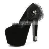 Zm50326b High Heel Lady Shoes Suede Black Flower Chunky Heels Women Shoe thumbnail-5