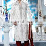 Off White Pure Handloom Banarasi Fabrics Designer Sherwani thumbnail-1