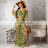 Summer Crochet Dress Beach Wear 2 Piece Crop Top And Skirt Set For Women Long Sleeve Tassels Slash Neck Two Piece Knit Sets thumbnail-4