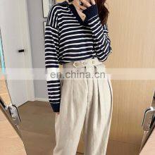 Women Casual Polo Neck Striped Silk Cashmere Sweater Jumper Shirt thumbnail-3