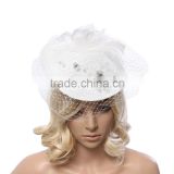 Elegant White Lady Fascinators Flower Feather Sinamay Lace Hats With Diamond & Mesh Women Hair Accessories