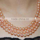 3 Rows AAA 7-8mm Pink Round Freshwater Pearl Necklace thumbnail-1