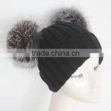 Myfur Black Double Silver Fox Fur Pom Puff Knitted Funny Cute Beanie Hats thumbnail-2