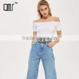 Drawstring Eyelet Ribbed Top Bardot Neckline off Shoulder Bodysuit thumbnail-1
