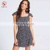 Florals Square Neck Criss Cross Bow Tie Back Beach Dress Sexy Model Hot Photos thumbnail-1