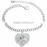 Genuine Austrian Clear Crystal "Delta Gamma" Greek Sorority Heart Charm Chain Link Bracelet thumbnail-1