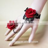 Latest fashion red rose bracelet connected ring,bracelet with ring,bracelet ring
