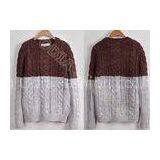 Full Chunky Mens Cable Knit Sweaters in Crew Neck With Coffe Grey Stripes , Two Tone thumbnail-1