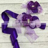 Purple Satin Ribbon Lace Sash Flower Headband Sets With Bows & Feather Luxe Pearl Flower Crown Photo Prop