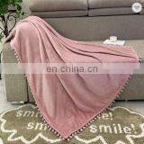 100% Polyester Flannel Blanket With Pom Border Two Sides Brushed Cozy Fleece Throw thumbnail-3