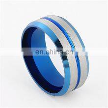Men's Fashion 8MM Silver Brushed Ladder Edge Stainless Steel Ring Blue Groove Matte Men Wedding Ring thumbnail-3