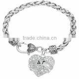 Genuine Austrian Clear Crystal "Delta Gamma" Greek Sorority Heart Charm Chain Link Bracelet thumbnail-2