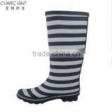 Women Fashion Rubber Rain Boot Has Navy Bule and White Stripes Printed Without Buckle and Sole