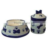 Ceramic dog bowl and treat jar with embossed design