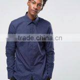 High Quality Long Sleeve Spread Collar Mens Pre-Shrunk 100% Cotton Breathable Slim Fit Casual Navy Point Printed Dress Shirts thumbnail-1