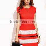 Red Striped Print Cap Sleeve A Line Dress 95% Polyester 5% Spandex Elegant Zip Short Dress thumbnail-2