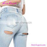 Wholesale No Moq Summer Women Denim Light Blue Ripped Jeans thumbnail-4