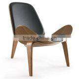 Replica Inspired Designer Shell Chair - Walnut & Black Leather New HY2007 thumbnail-1