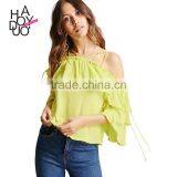 HAODUOYI Soild Yellow Women Blouse Lace-up Double Ruffles Off Shoulder Female Shirts Backless Short Sleeve Top for Wholesale thumbnail-1