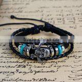New Fashion Black Cord Silver Tone & Green Beads Gunmetal Halloween Skull Cowhide Multilayer Bracelets thumbnail-2
