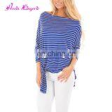 Private Label Blue Striped Long Sleeves Tops Tshirt Women Casual Blouse Designs thumbnail-3