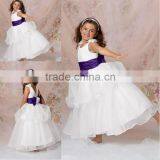 New Arrival Pretty V Back Ruffle Organza Flower Girl Dress With Purple Sash