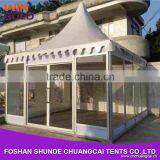 Luxury aluminum structures 6x6m high peak canopy pogada tent with glass wall