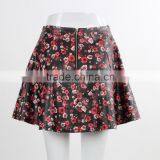 F5S43014 New Design Contrast Waistband Skater Skirt Women Floral Print Leather Skirts thumbnail-3