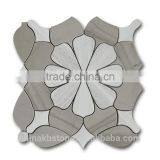 Wooden White And Gray Mixed Flower Pattern Honed Water jet Marble Mosaic Tile For Wall Deco