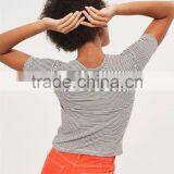 MGOO Factory Supplied Women Flora Embroidered T Shirt 100% Cotton Black And White Stripe T-shirt thumbnail-4