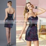 HC0103 Sexy balck strapless sweetheart neck sheath back low satin sash sleeveless knee length shiny sequins party evening gown
