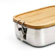Japan Style Stainless Steel Lunch Box/two Compartments Metal Food Storage Container With Bamboo Lid thumbnail-2