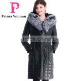 Winter Women Long Leather Slim Fit Coat With Brown Fox Hat Overcoat