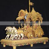 Indian Handmade Wooden Four Horse Arjun Rath Krishan Sarthi Mahabharat Kurukshetra Hindhu Vedic wood Carving Handicraft