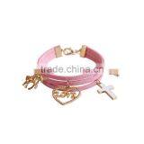 Gold Love Heart Cross Horse Feather Charms Sude Leather Bracelet Multi Layer Velvet Leather Bracelet thumbnail-5