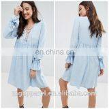 OEM smocked dresses womens Plunge neck blue dresses smocked