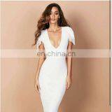 Clothes Women Elegant Dress Formal White Cap Sleeve Deep V Pencil Midi Bodycon Dress thumbnail-1