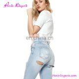 Wholesale No Moq Summer Women Denim Light Blue Ripped Jeans thumbnail-5