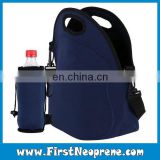 Dark Blue Neoprene Bag With Water Bottle Holder School Lunch Bag