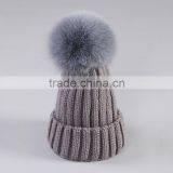 Winter Fashion Big Size Real Fox Fur Pompom Knitted Lady Wool Cap thumbnail-2