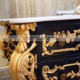 French Luxury Rococo Design Bedroom Furniture Nightstand Table / Golden Carved Wooden Commode Bedside Table thumbnail-4