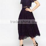 China Guangzhou Clothing OEM Scalloped Edges Round Neckline Crop Top Mesh Insert Midi Women Dress thumbnail-4