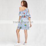 Oblique Shoulder Layered Dress, 2017 Ladies Blue Floral Print Dress thumbnail-6