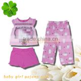 Lovely design baby girls 3pcs summer top and short pajamas with printing cute summer baby pajamas