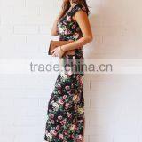 Korean Style One Piece Dress Nursing Vintage Floral Short Cap Sleeves Back Split Maxi Breastfeeding Dress thumbnail-3