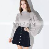 Women's OL Slim Fit High Collar Lantern Sleeve Long Sleeve Gray t Shirt thumbnail-1