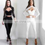 Amigo 2017 New Design Two Piece Sexy Party Wear Bandage Pants Suit With Long Sleeve Lace Dew Chest Crop Top and Bodycon Trouser thumbnail-1
