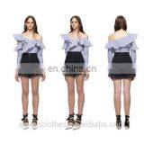 2017 Summer New Style Navy Stripe Jumpsuit Long Sleeve One Shoulder Lotus Neck Cotton Top and Mini Lace Pant Sets thumbnail-1