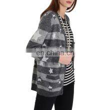 Womens V Neck Cashmere Cardigan Black and Grey Striped Sweaters thumbnail-1