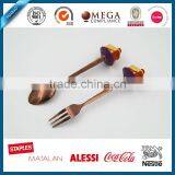 Dessert Spoon and Fork Set, Stainless Steel Flatware Set with Cute polyresin Handle, OEM craft, rose golden cutlery